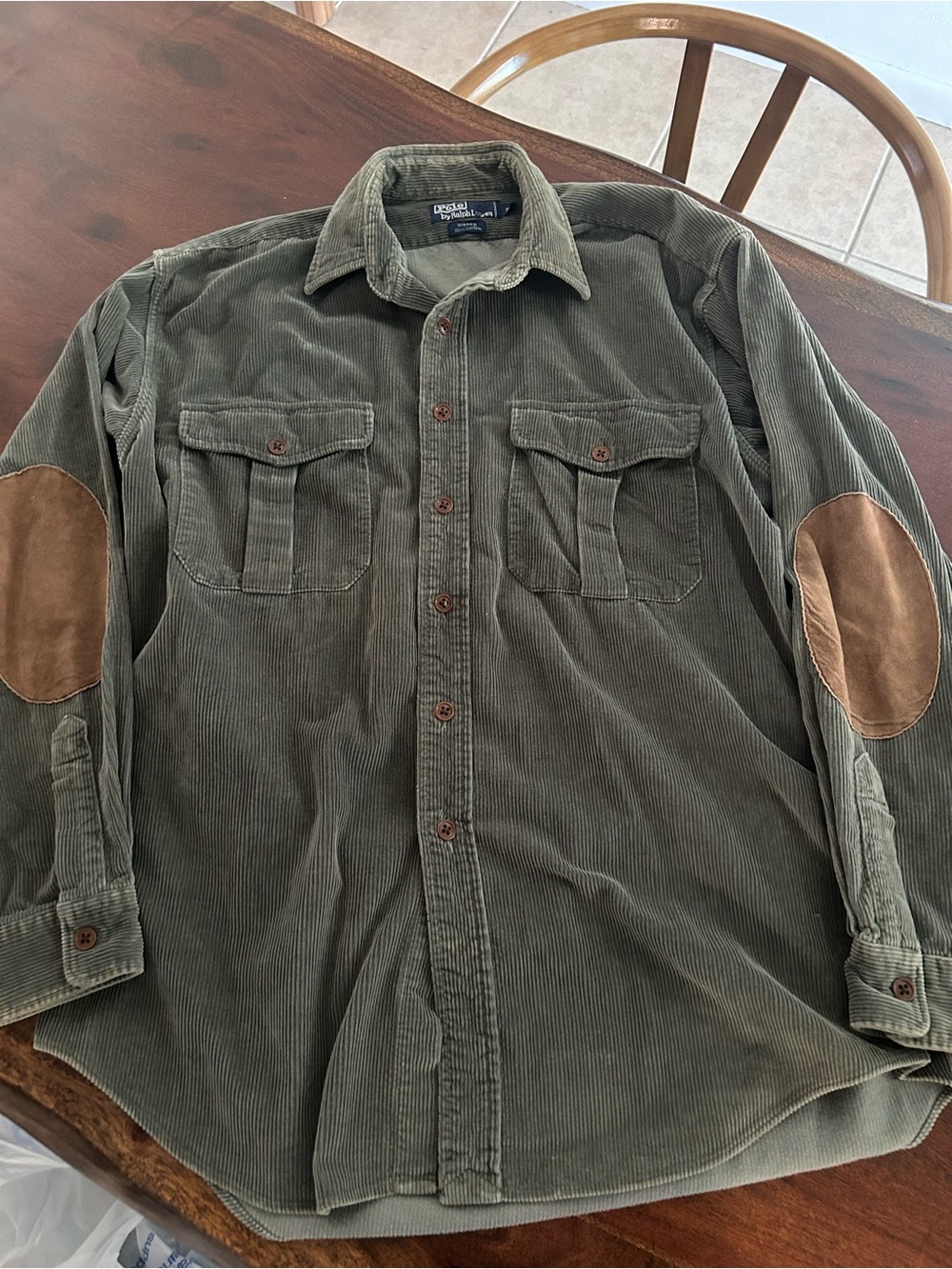 Ralph Lauren Olive Corduroy Button-Down Shirt with Brown Elbow Patches